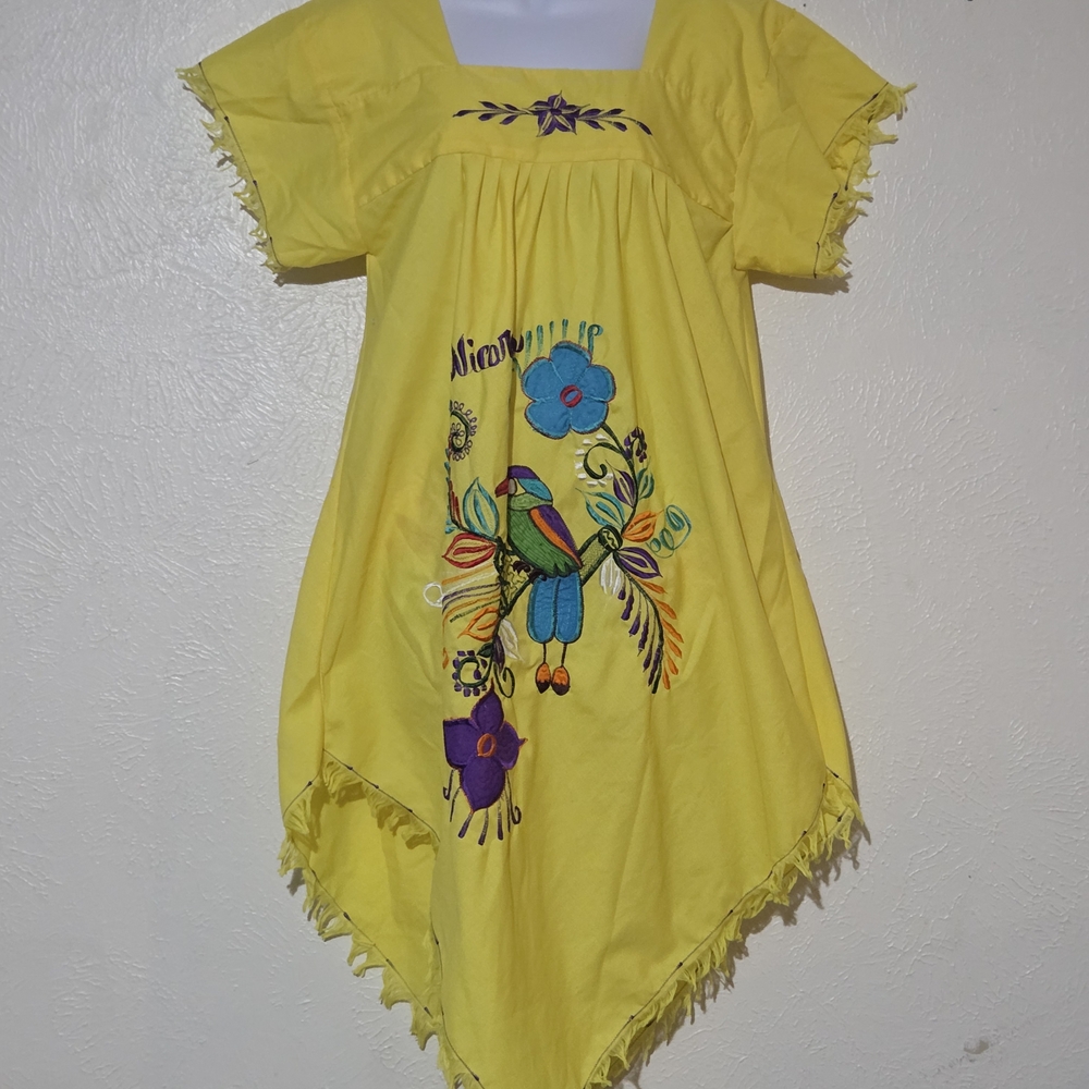 Yellow Hand-Embroidered Tunic with Colorful Bird Motif